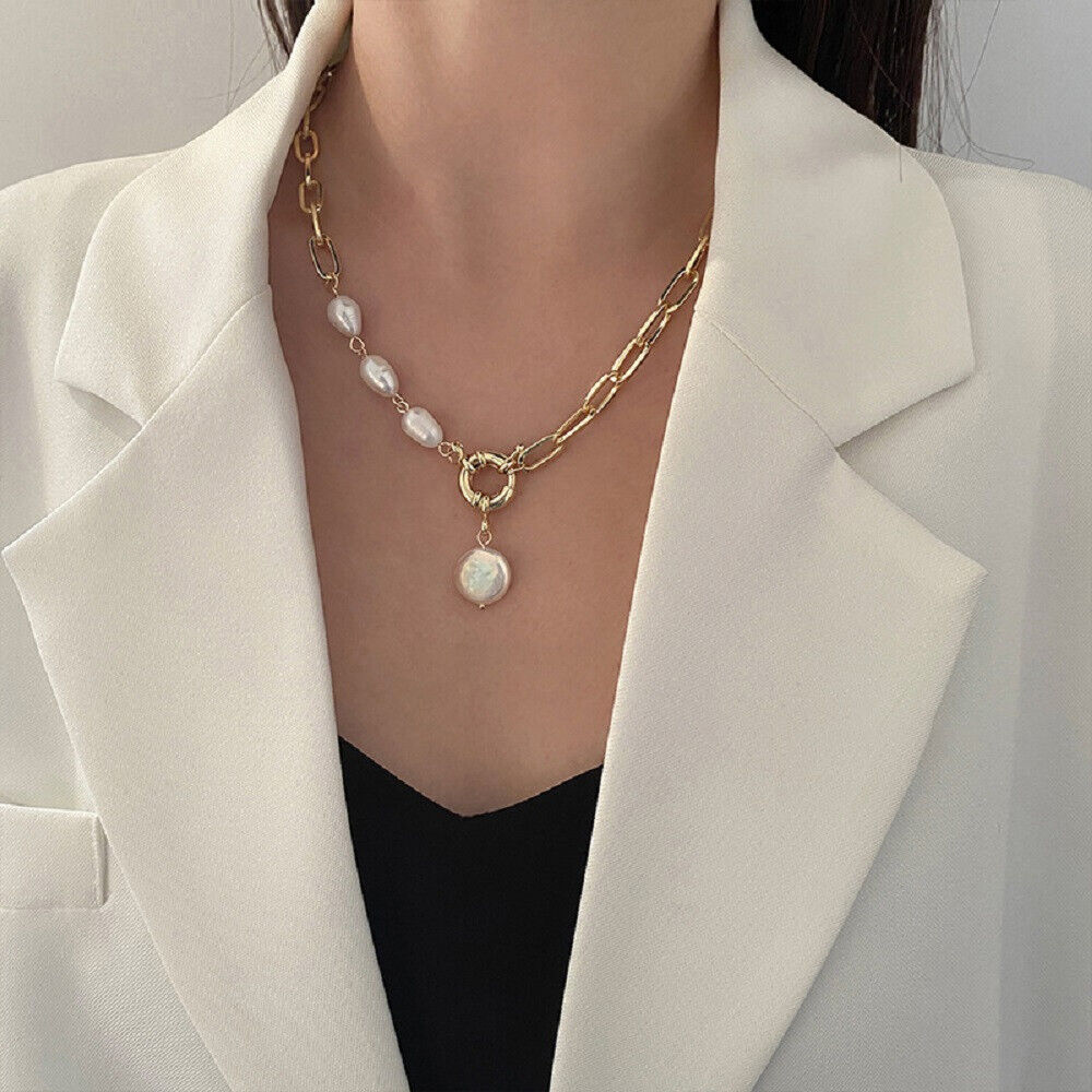 Damen vergoldete Barockperlenperle Interlink ovaler Kettenanhänger Halskette | Shop Nory