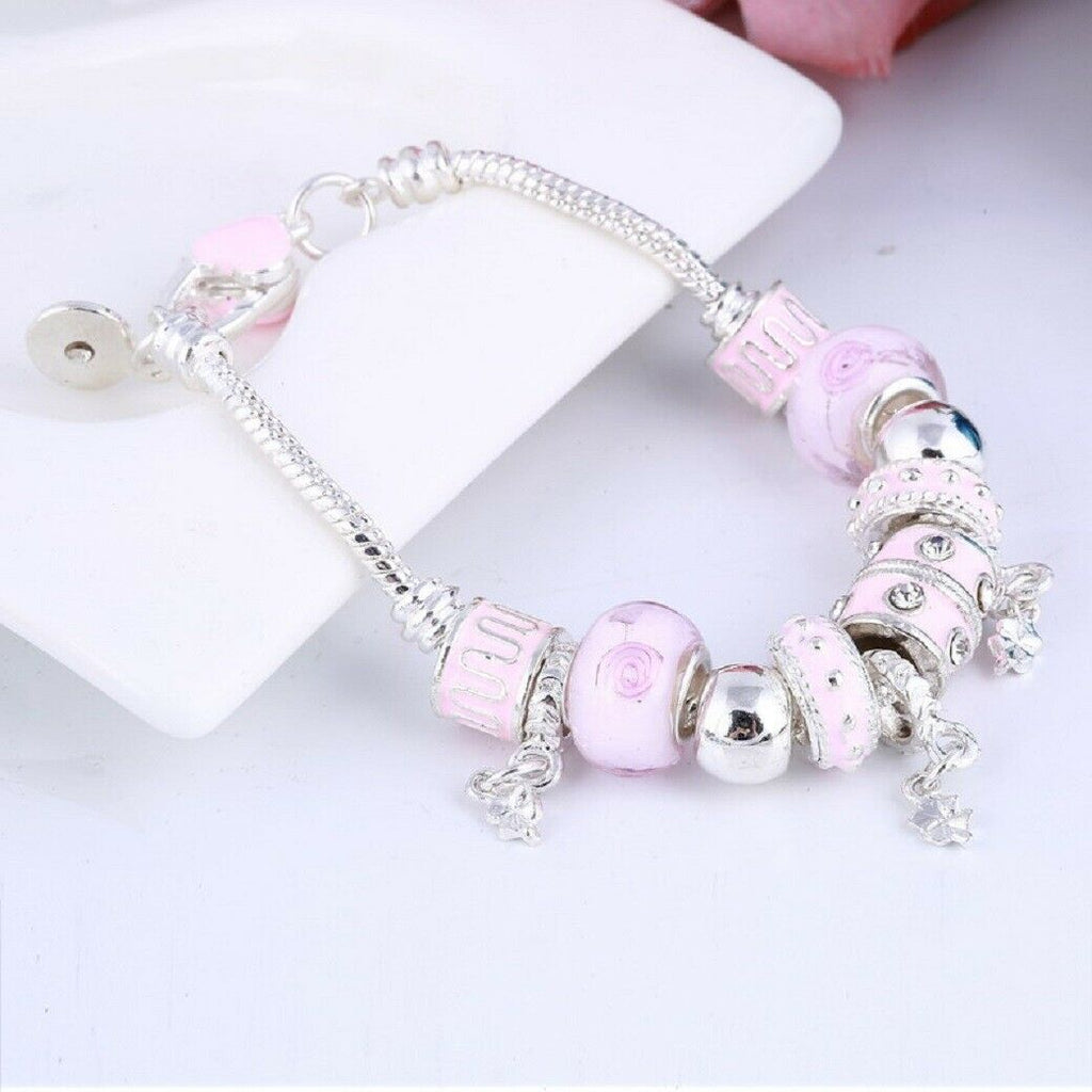 Silber & Rosa Charms Perlen Kristall Pandora Stil Armbänder | Shop Nory