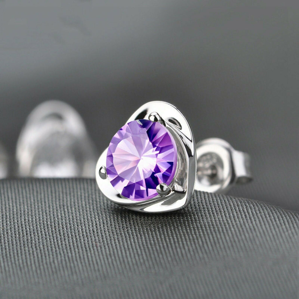 Sterling Silber Herz Lila Kristall Stecker Ohrringe | Shop Nory