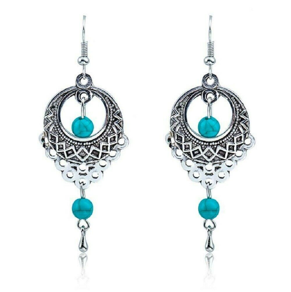 Damen Boho Ethnisch Tibetisch Sterlingsilber Türkisperlen Lange Hakenohrringe | Shop Nory