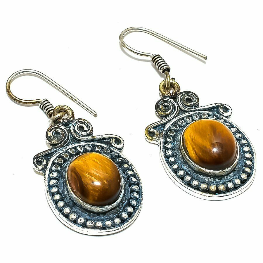 Natürlicher Tigerauge Edelstein handgefertigte Silber Scroll Haken Ohrringe | Shop Nory