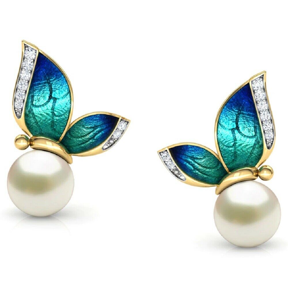 Damen Grün Blau Emaille Schmetterling Weiße Perlen Kristall Trim Stecker Ohrringe | Shop Nory