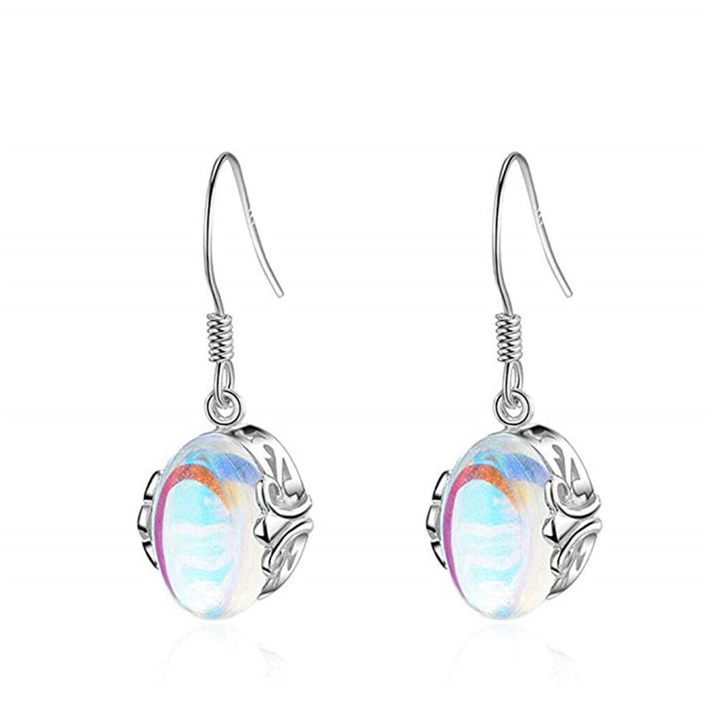 Damen Silber Oval Mondstein Transparent Perlen Silber Ausschnitt Haken Ohrringe | Shop Nory