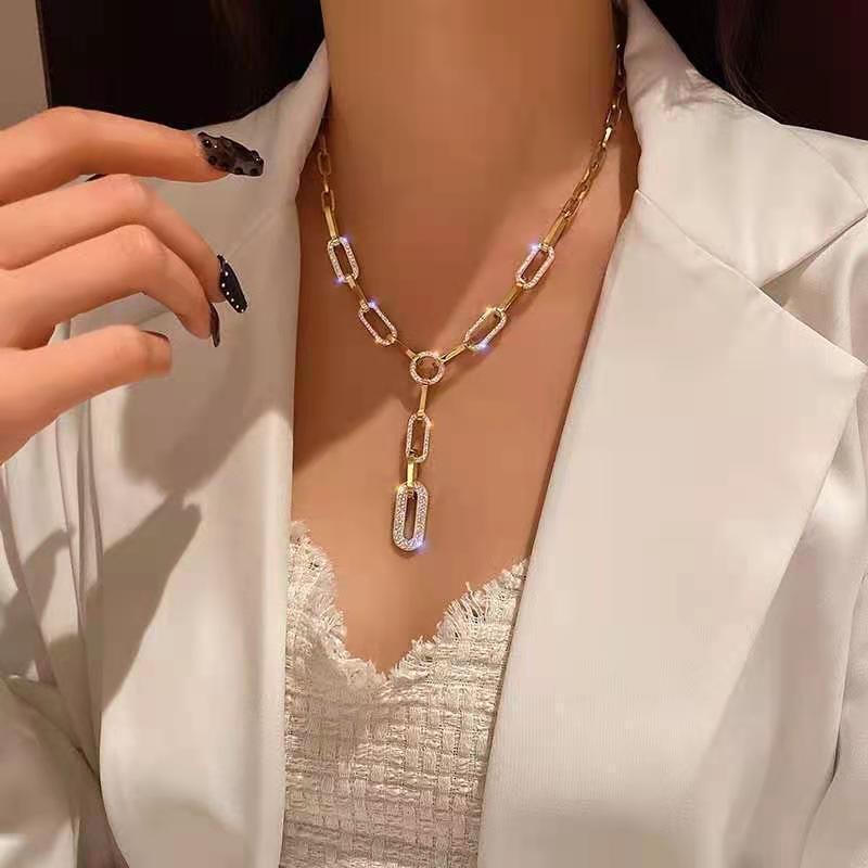 Damen Gold Silber Lange Linkkette Rechteckige Kristall Tropfen Anhänger Halskette | Shop Nory