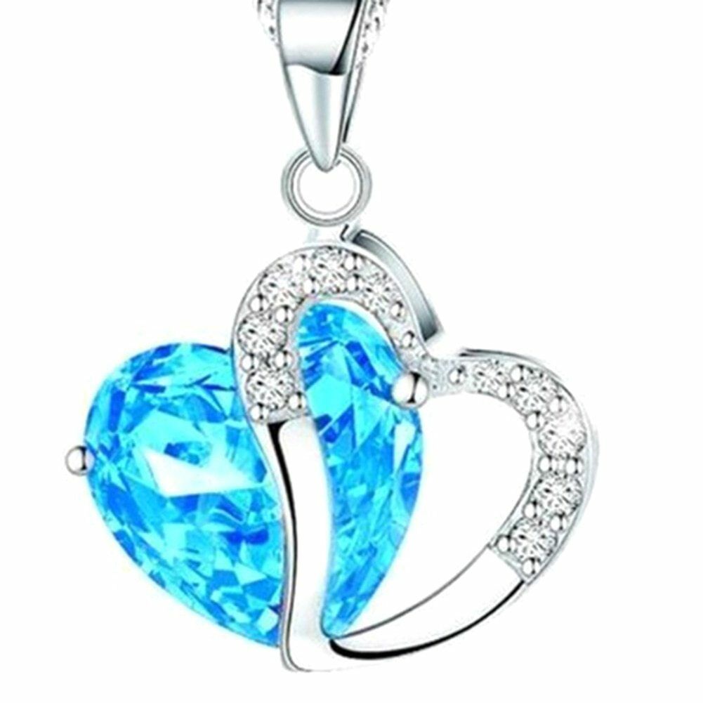 Damen Herzförmiger Blauer Kristall Strass Anhänger Silber Halskette | Shop Nory