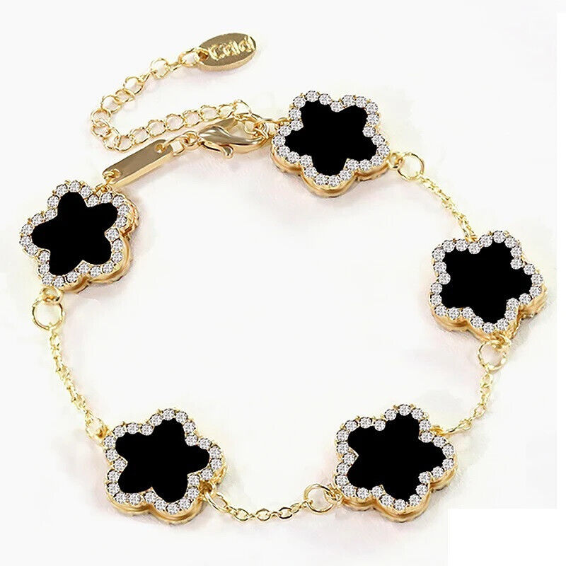 Damen Gold Schwarz Vierblättriger Kleeblatt Kristall Link Ketten Armbänder | Shop Nory
