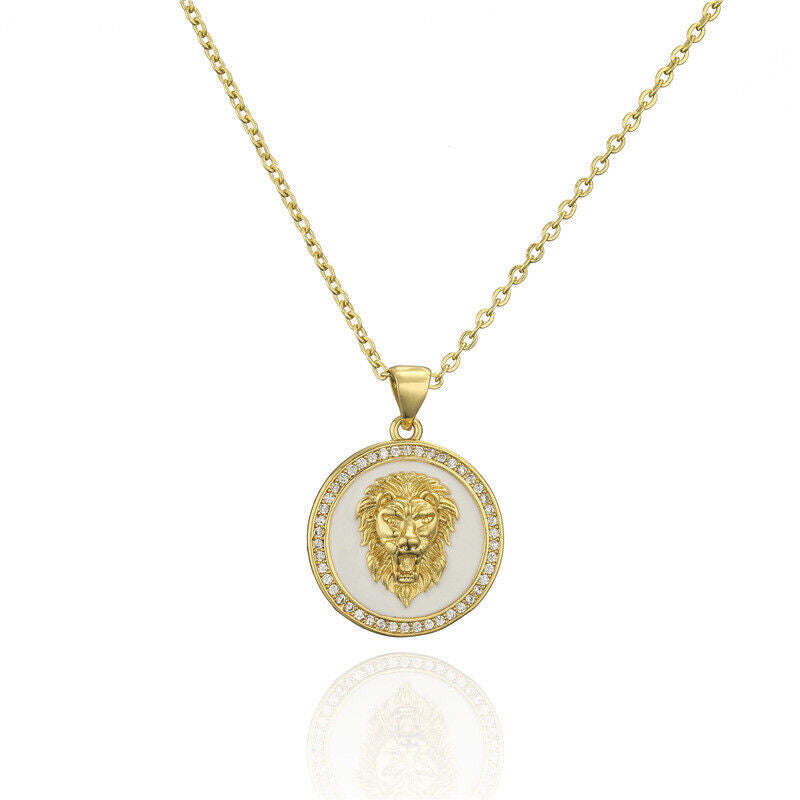 Unisex Gold Rund Haariger Kopf Mode Medaillon Weiß Emaille Anhänger Halskette | Shop Nory
