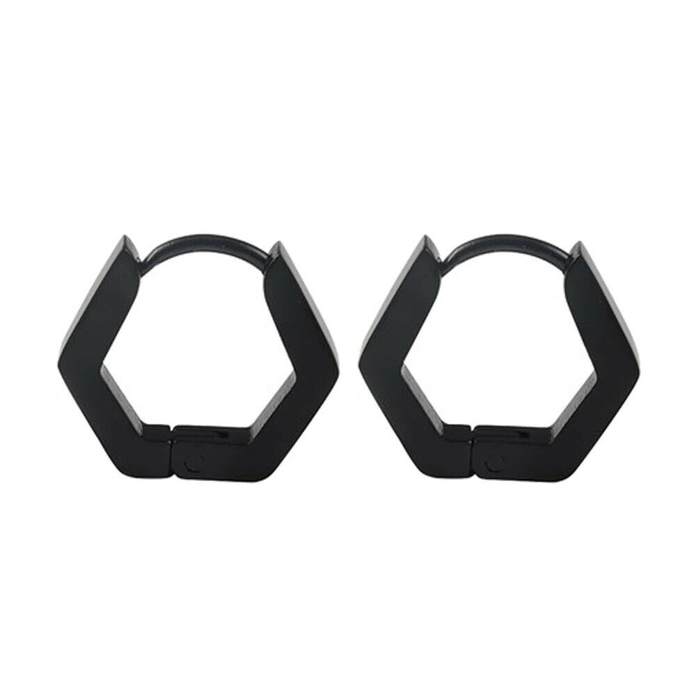 Unisex Schwarze Glatte Sechseck-Titanstahl-Hoop-Ohrringe | Shop Nory