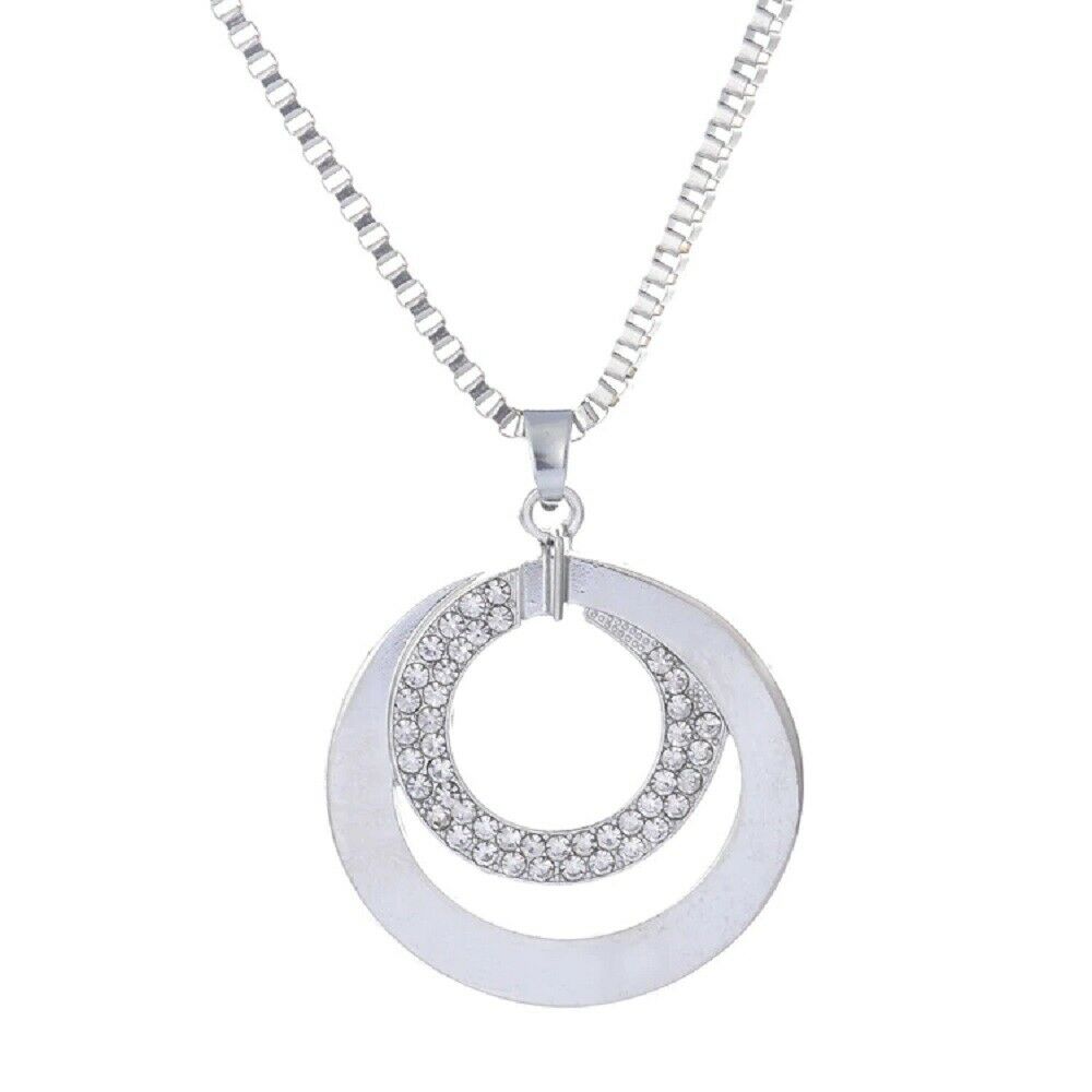 Damen Silbern Kristall Rhinestone Lange Kette & Doppelter Kreis Anhänger | Shop Nory
