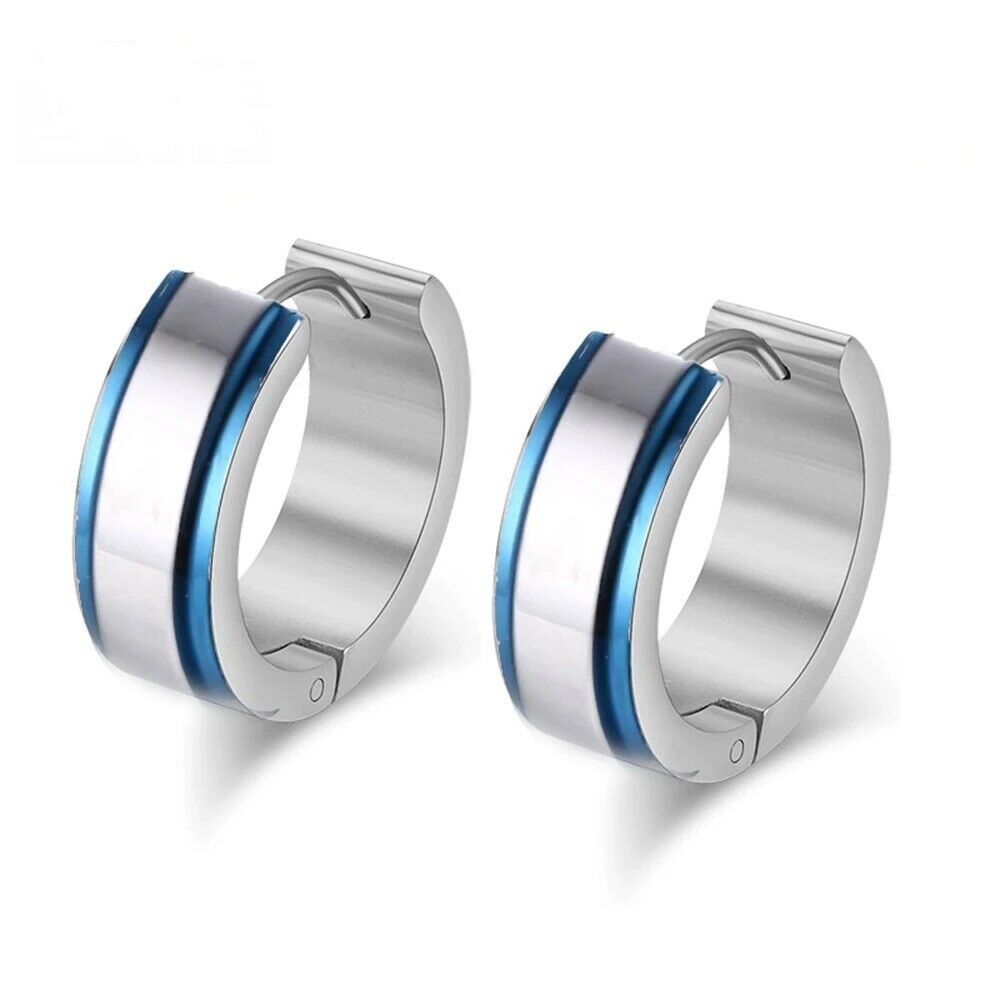 Unisex Erwachsene Silber & Blau Trim Titanstahl Antiallergisch Kleine Creolen | Shop Nory