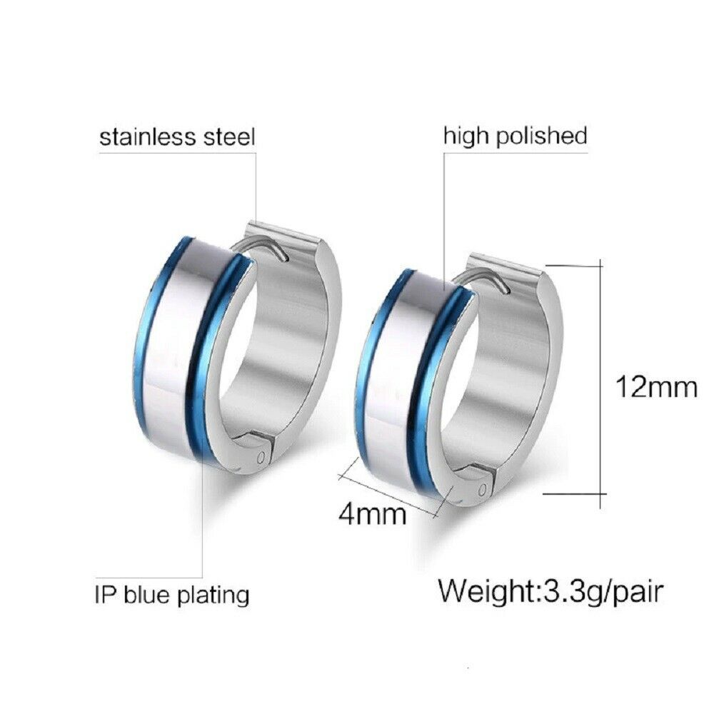 Unisex Erwachsene Silber & Blau Trim Titanstahl Antiallergisch Kleine Creolen | Shop Nory
