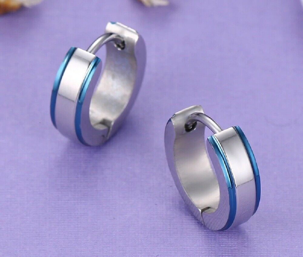 Unisex Erwachsene Silber & Blau Trim Titanstahl Antiallergisch Kleine Creolen | Shop Nory