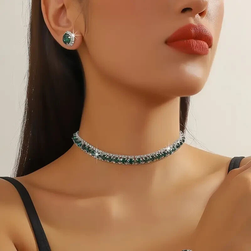 Damen Luxus Grüne Rhinestone Stecker Ohrringe Party Choker Halskette | Shop Nory