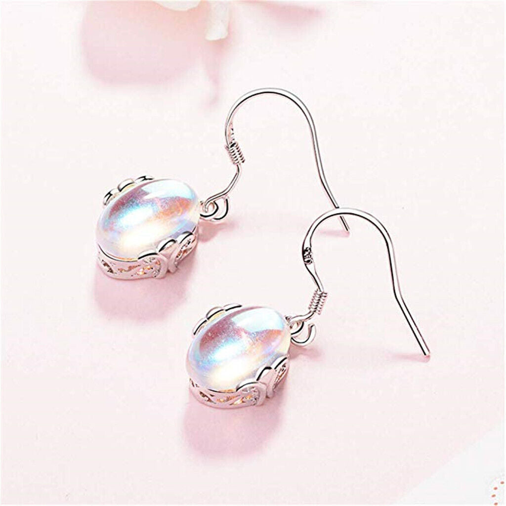 Damen Silber Oval Mondstein Transparent Perlen Silber Ausschnitt Haken Ohrringe | Shop Nory