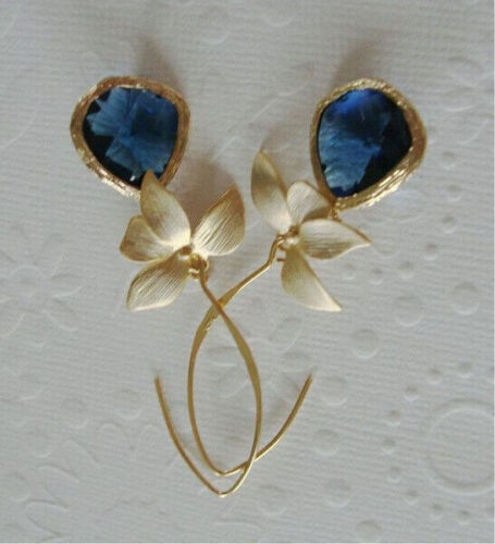Damen Goldplattierte Blaustein Blühende Blume Hook Dangling Drop Ohrringe | Shop Nory