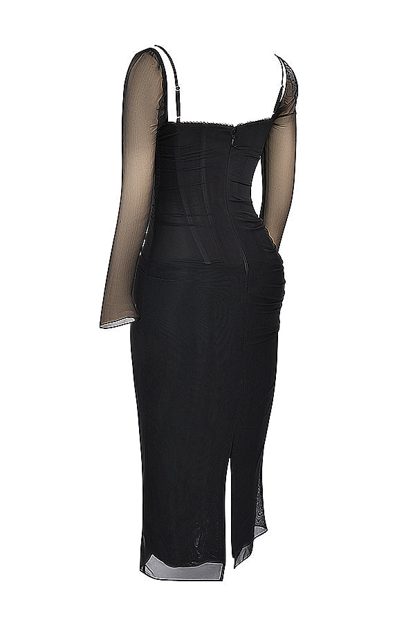 Elegantes Maxikleid mit tiefem Ausschnitt und langen Ärmeln