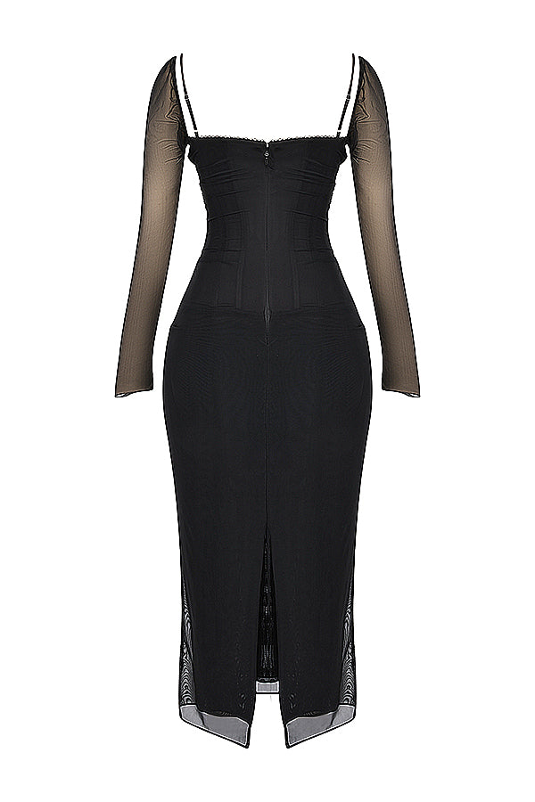 Elegantes Maxikleid mit tiefem Ausschnitt und langen Ärmeln