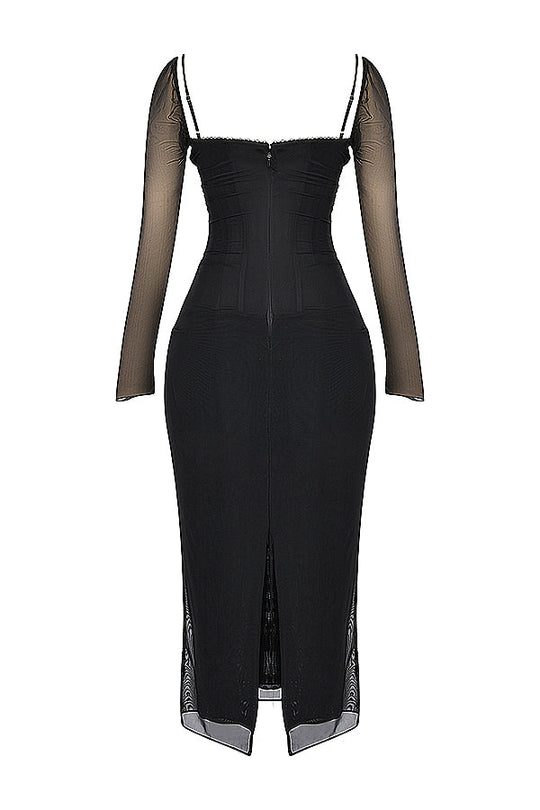 Elegantes Maxikleid mit tiefem Ausschnitt und langen Ärmeln