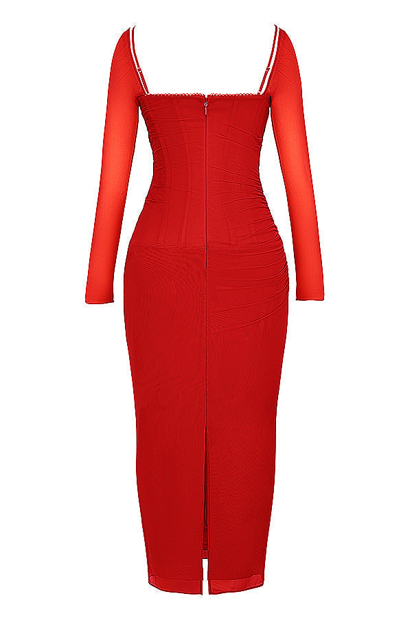 Elegantes Maxikleid mit tiefem Ausschnitt und langen Ärmeln