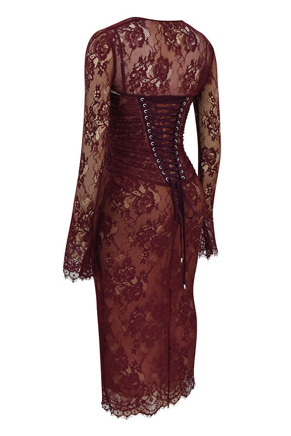Midi Kleid aus Bordeauxrotem Spitze
