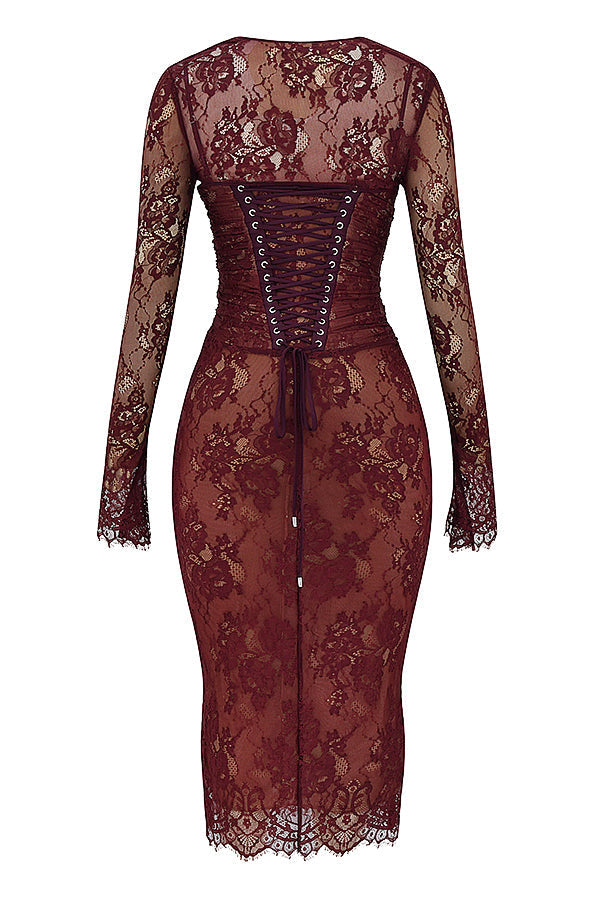 Midi Kleid aus Bordeauxrotem Spitze