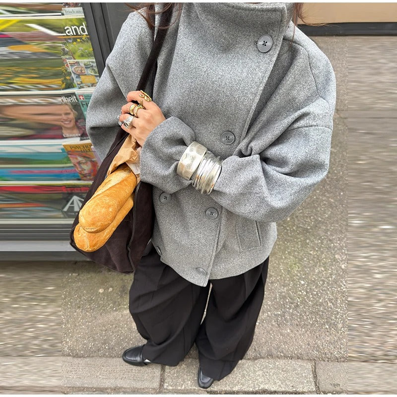 Wollmischung Jacke mit Hohem Kragen und Knöpfen