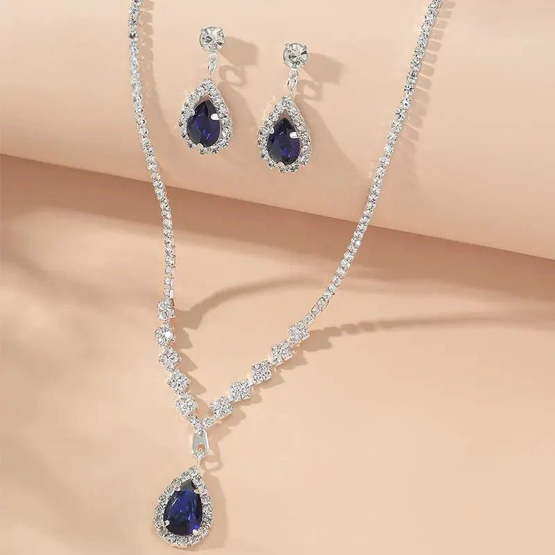 Schimmerndes Blaues Tropfen-Diamant-Halsketten- und Ohrringe-Set