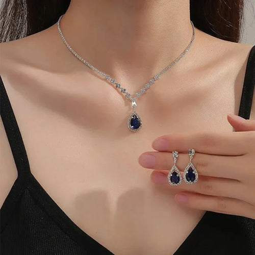 Schimmernde blaue Tropfen-Diamant-Halskette und Ohrringe Set