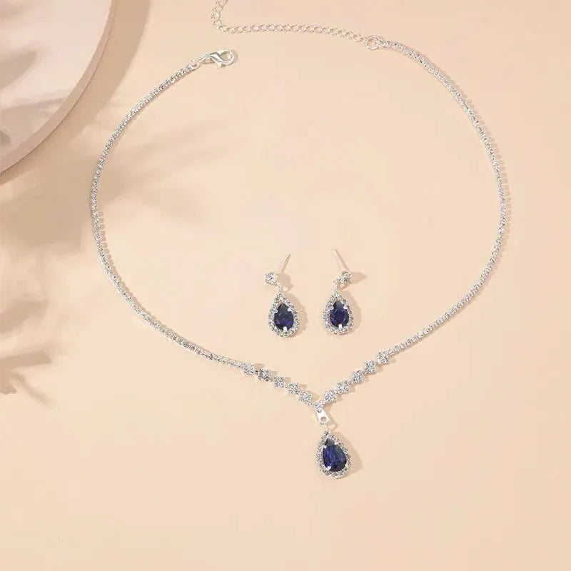 Schimmerndes Blaues Tropfen-Diamant-Halsketten- und Ohrringe-Set