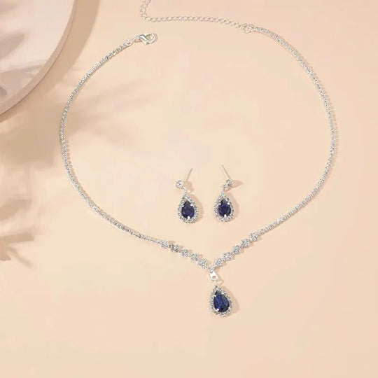 Schimmerndes Blaues Tropfen-Diamant-Halsketten- und Ohrringe-Set