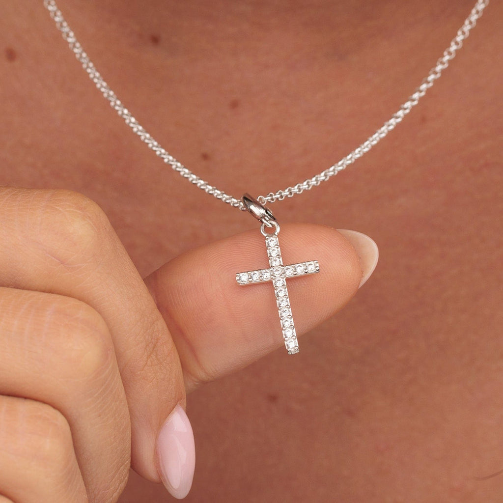 Silberne Kreuz Anhänger Halskette mit Kristallen | Shop Nory
