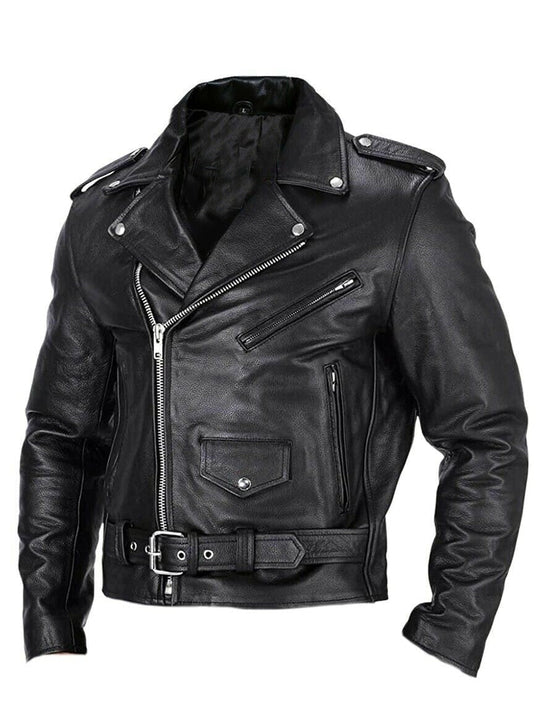 Slim Fit Leder Motorradjacke für Herren mit Stehkragen