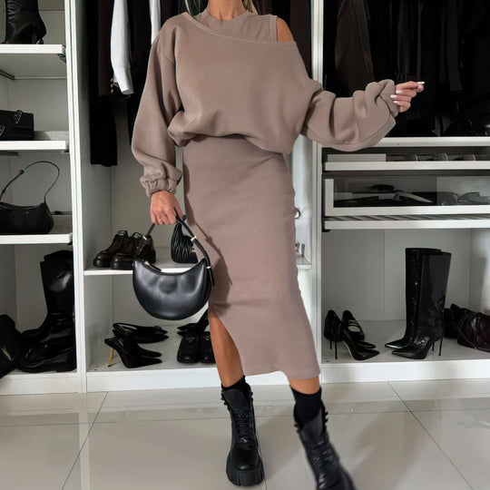Satz mit Cold Shoulder Top und Midi Rock