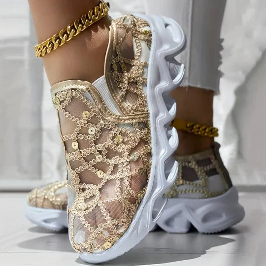 Damen bestickte Spitze Mesh Sneakers