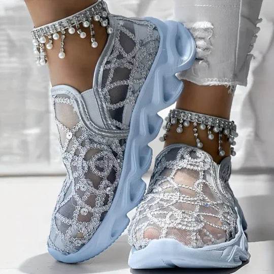 Damen bestickte Spitze Mesh Sneakers
