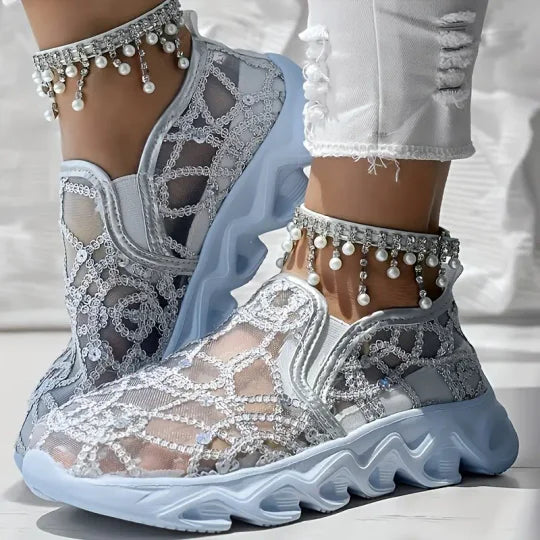 Damen bestickte Spitze Mesh Sneakers