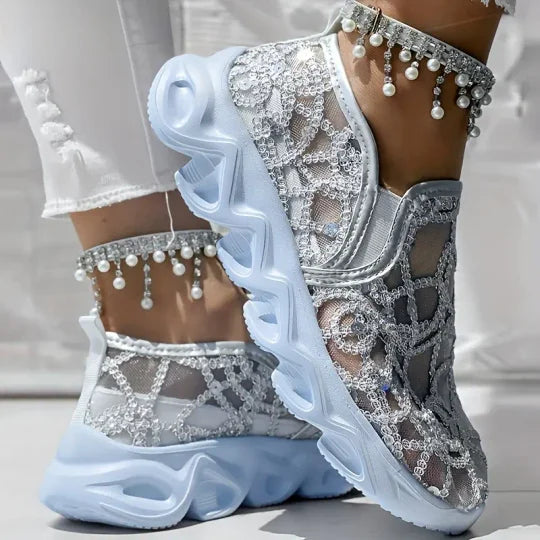 Damen bestickte Spitze Mesh Sneakers