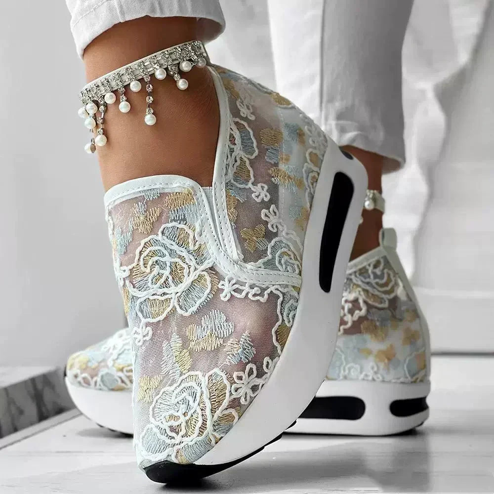 Damen bestickte Spitze Mesh Sneakers