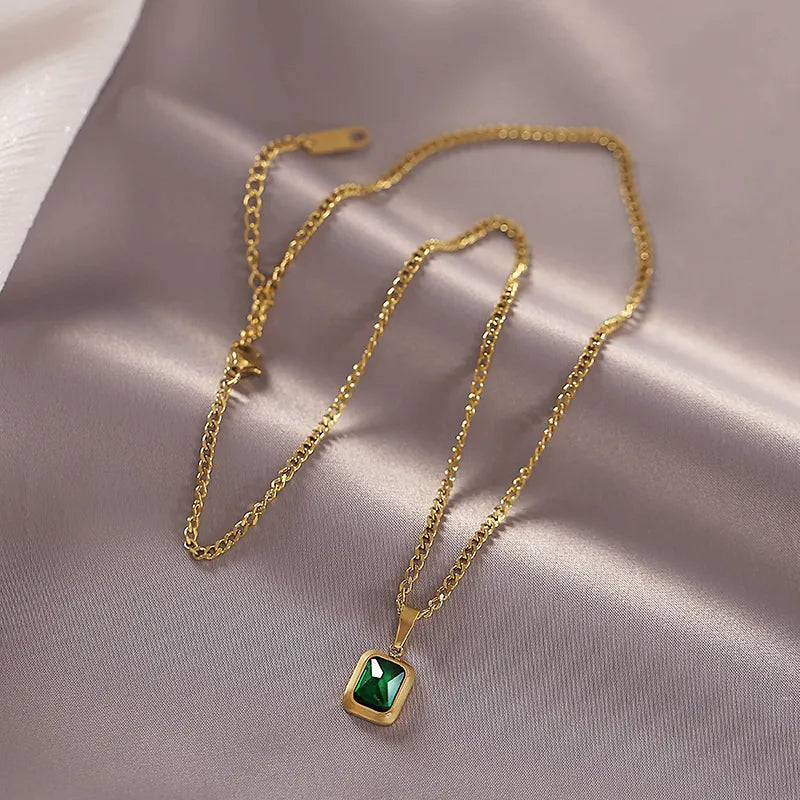 Edelstahl Kette Grünes Quadrat Halskette | Shop Nory
