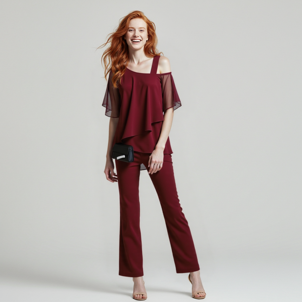 Damen Zweiteiler Satz Eleganter Jumpsuit mit Cold Shoulder Bluse