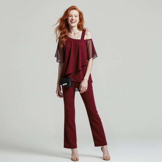 Damen Zweiteiler Satz Eleganter Jumpsuit mit Cold Shoulder Bluse