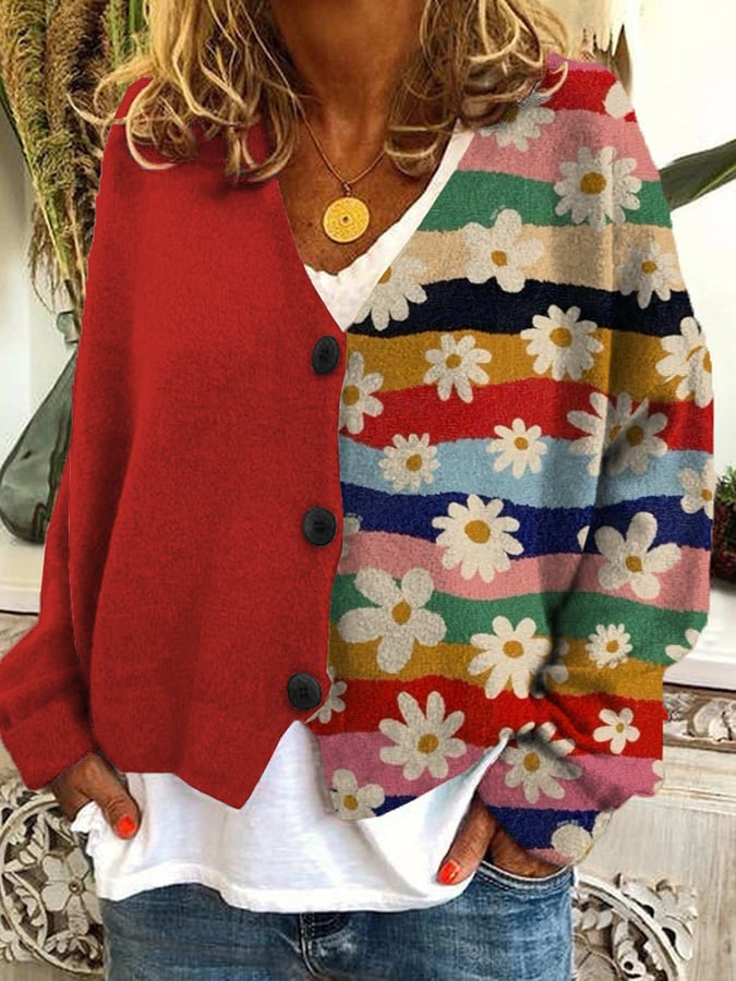 Trendy Patchwork Damen Knopfkardigan