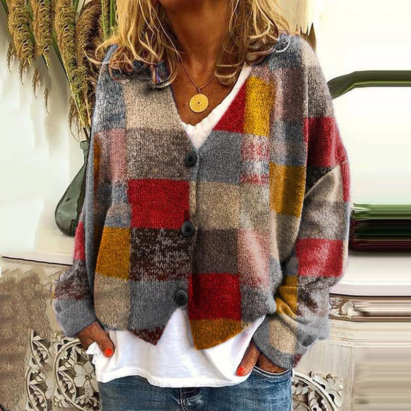 Trendy Patchwork Damen Knopfkardigan