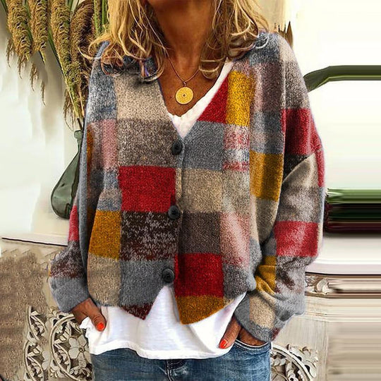 Trendy Patchwork Damen Knopfkardigan