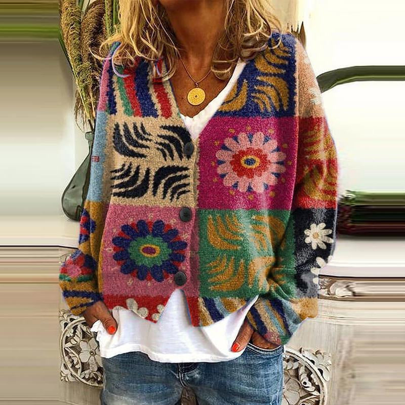 Trendy Patchwork Damen Knopfkardigan
