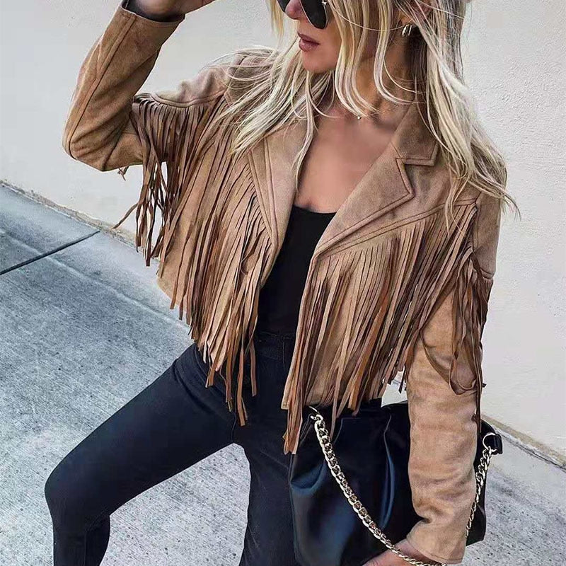 Trendy Wildleder Damenjacke mit Fransen