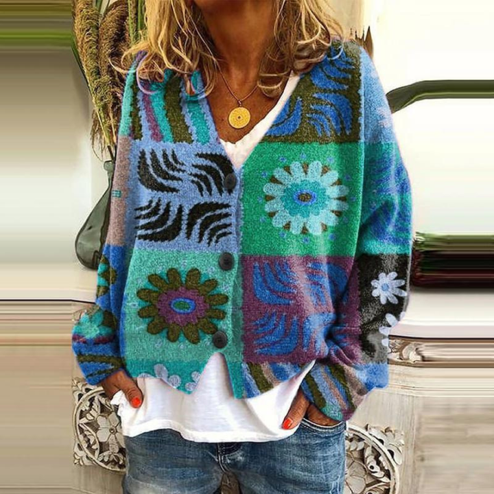 Damen Knopf Blumen Cardigan aus Daunen Warm