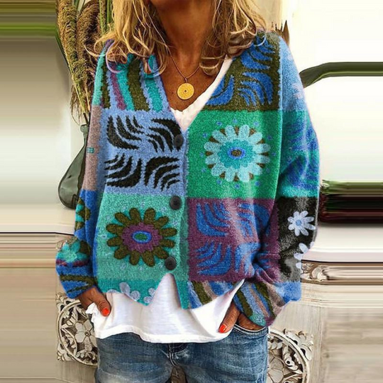 Damen Knopf Blumen Cardigan aus Daunen Warm