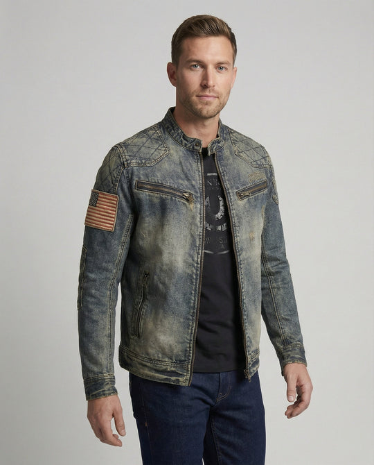 Herren Jeansjacke Biker Stil Stehkragen