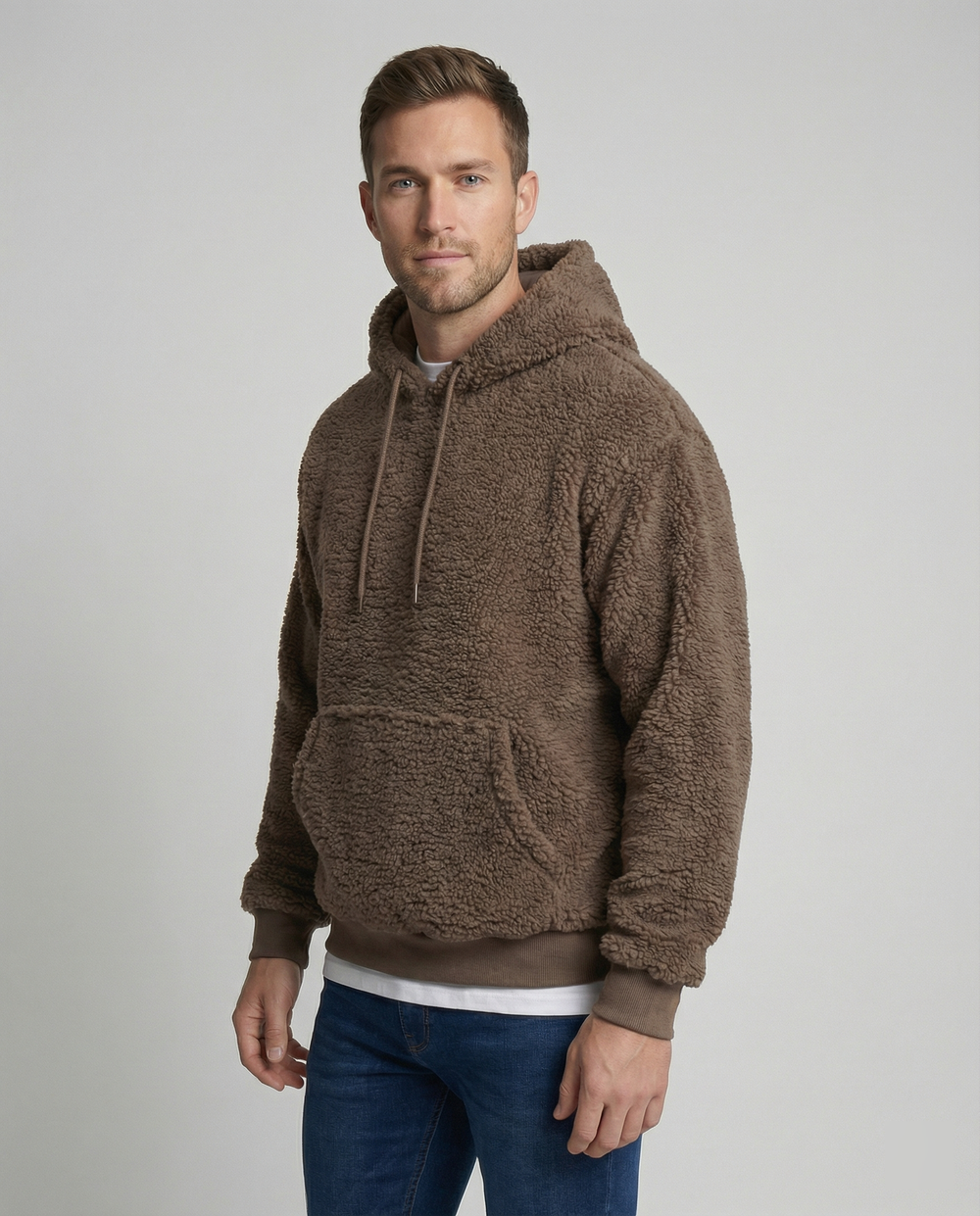 Herren Kuscheliger Teddy-Pullover mit Kapuze und elastischem Bund
